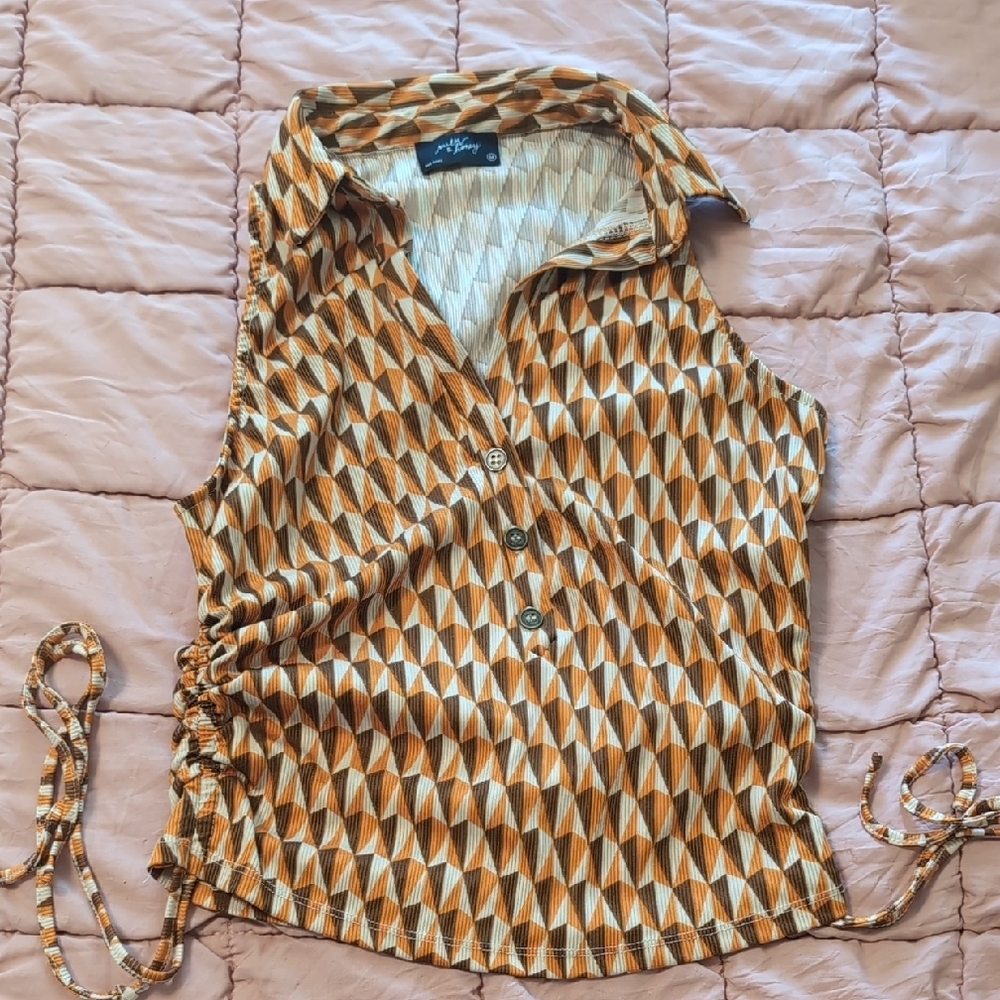 Brown and Cream Notched Collar Wrap Button Down Shirt
